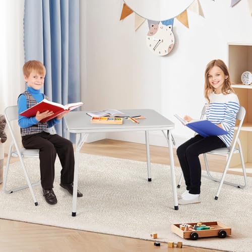 Garvee Kids Folding Table and Chair Set, 1 Table + 2 Chairs, Beige, Children Activity Table with Metal Frame & PU Surface, Foldable Toddler Furniture for Eating Reading Playing