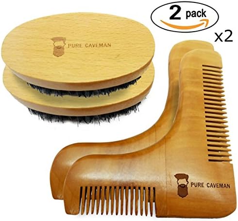 Pure Caveman - Boar Bristle Beard Brush and Beard Comb Set - For Men's Beard and Mustache, Two Sided Angle Beach Wood Comb, With Carrying Bag