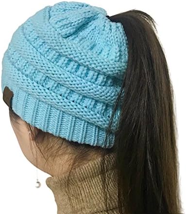 Gagget Women's Winter Knit Cup Beanie Tail Ponytail Winter Warm Stretch Cable Messy High Bun Knit Hat (Light Blue)