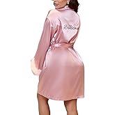 silkola Women's Faux Fur Embroidery Satin Bridesmaid Robe Satin Robes for Wedding Party Getting Ready
