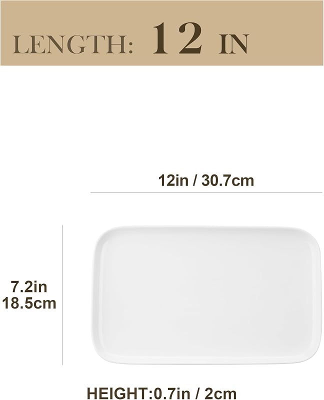 Assiettes Rectangulaires en Porcelaine, 4 Grandes Assiettes à Dessert Rectangulaire 30.7 x 18.5 cm, Plateau Aperitif Blanches en Céramique pour Repas Dîner Salon Dessert Sushis, Série Plat — photo 4 sur 7
