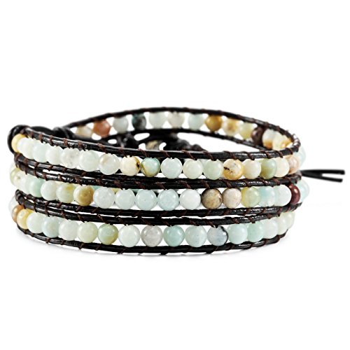 MOWOM Multicolor Alloy Genuine Leather Bracelet Bangle Cuff Rope Simulated Amazonite Stone Bead 3 Wrap Adjustable