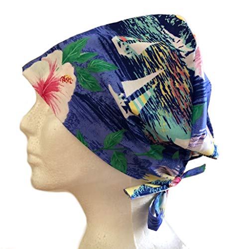 Women's Hawaiian Flowers Front Fold Tie Back Scrub Cap Surgical Cap