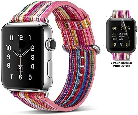 Apple Watch Band 42mm, Multicolored Stripe Pattern Genuine Leather Set with Bonus Screen Protector by Palestrapro. iWatch Replacement Band for Series 1,2,3. Vibrant and Youthful Choice. A Gift Idea.