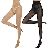 Yilanmy 2 Pairs Shiny Pantyhose for Women, 15D Shimmer Sheer Tights High Waist Silky Oil Glossy Pantyhose