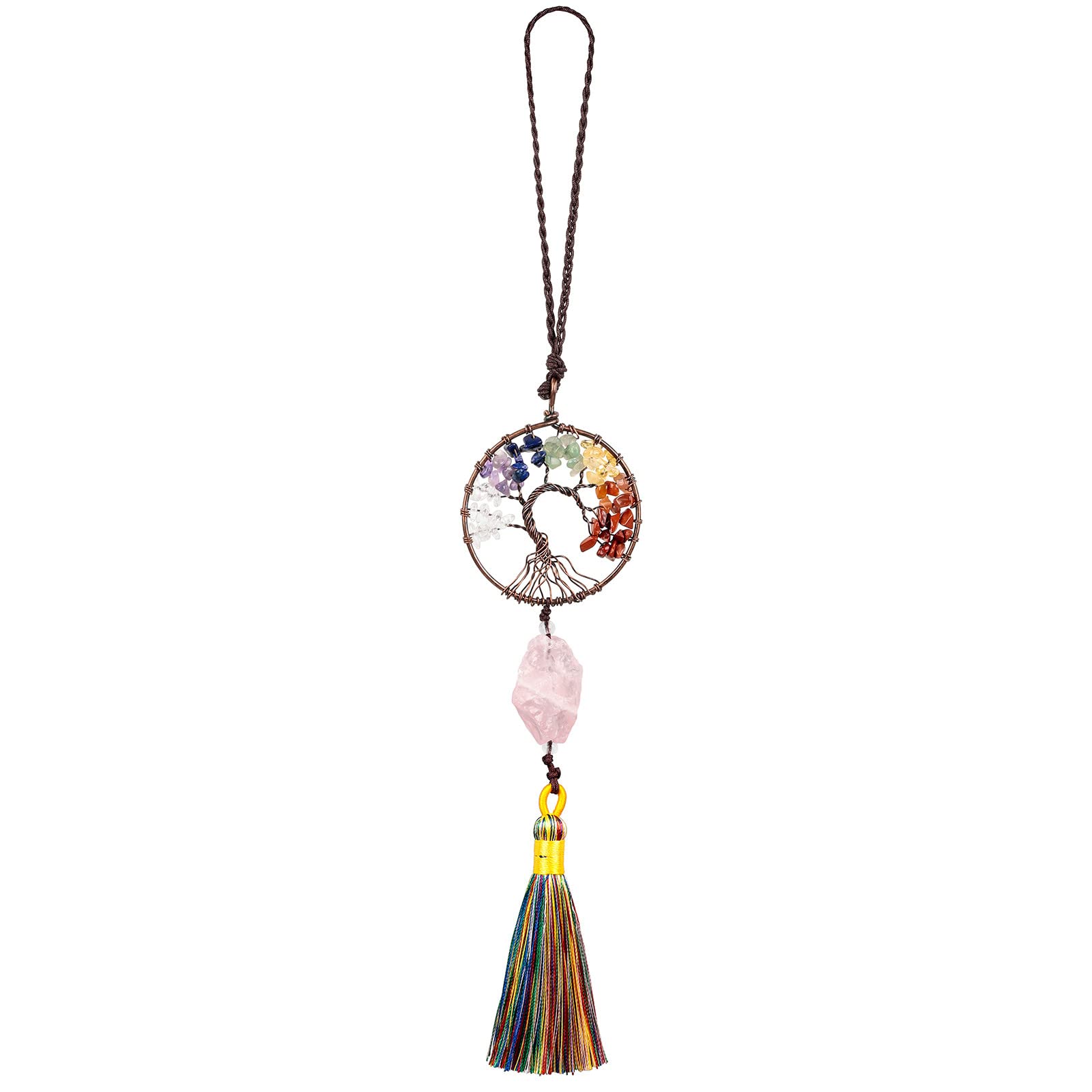 Nupuyai Rose Quartz Tree of Life Tassel Hanging Ornament, Reiki Healing Irregular Raw Stone Feng Shui Crystals Good Luck Car Home Office Decor