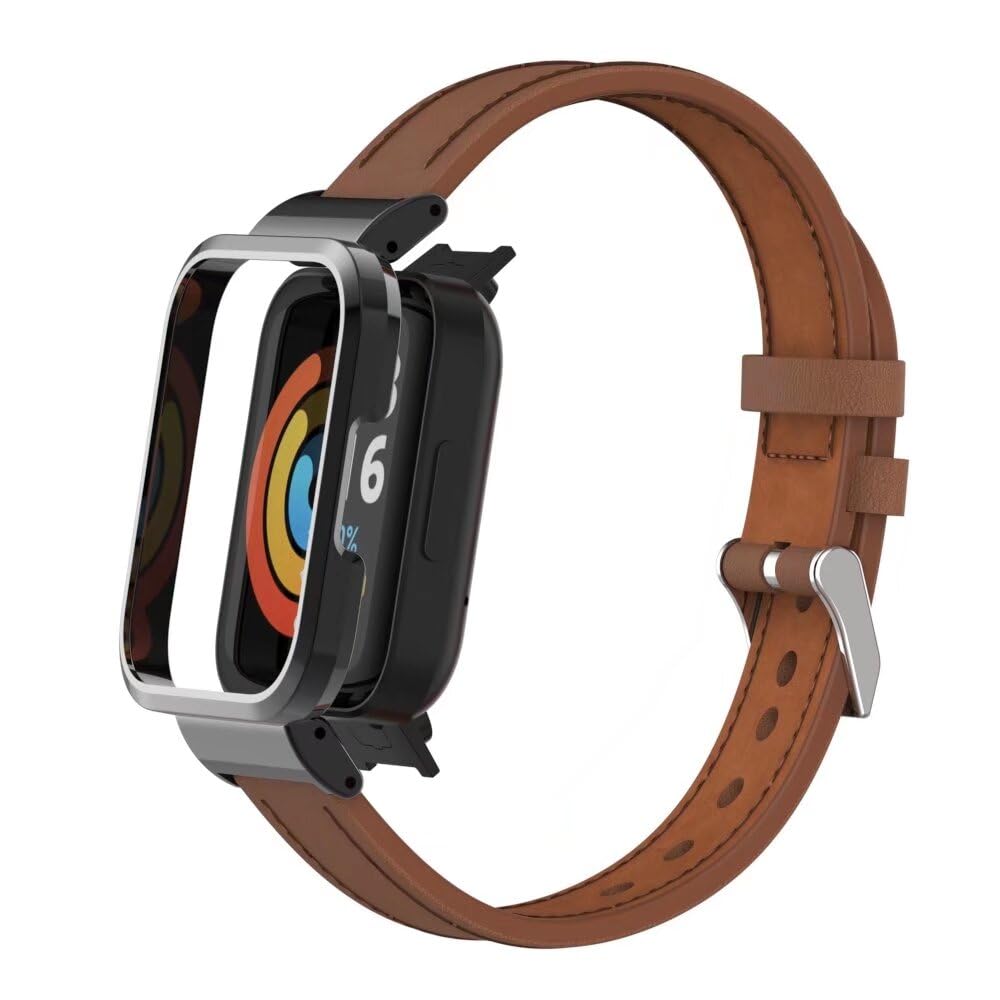 T-BLUER Compatible with Xiaomi Redmi Watch 2 Lite Straps, Replacement Leather Strap Accessories with Metal Frame for Xiaomi Redmi Watch 2 Lite Fitness Tracker, Brown