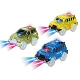 Car Tracks, (3 Pack) Green Military Jeep, Blue Police Bus and Yellow School Bus , with 5 LED Lights, Compatible with Most Tracks,Best Gift for Boys and Girls