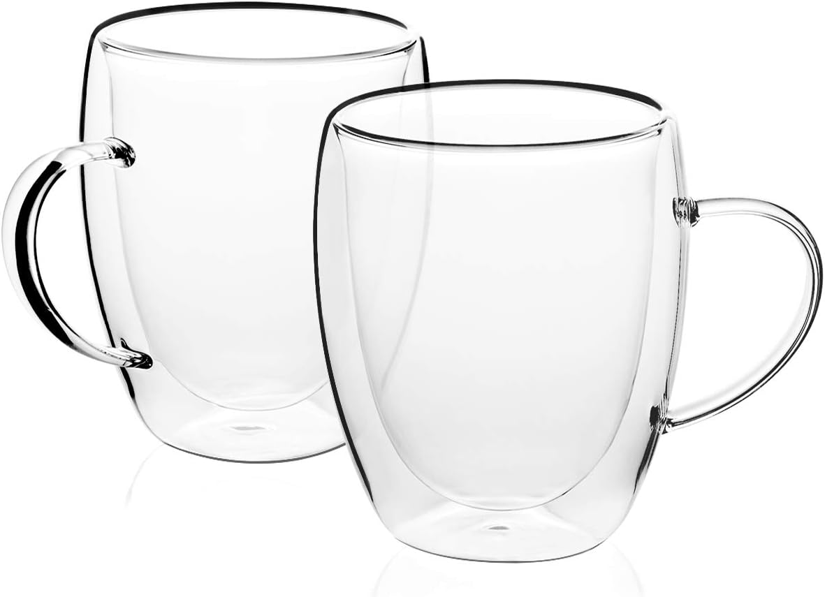 MEWAY Coffee Mugs,Clear Double Wall Insulated Glass for Coffee, Tea, Latte, Cappuccino (2, 10oz)