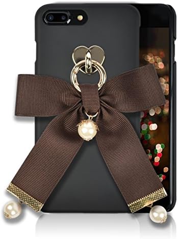 iphone 8 Plus / 7 Plus Fashion Case [HandMade Stripe Ribbon Series] Silky SF Coating Hard PC [Detachable Ring, Ivory Faux Pearl] Ultra Slim, Light Weight, Apple iphone 7Plus / 8Plus Cover (Brown)