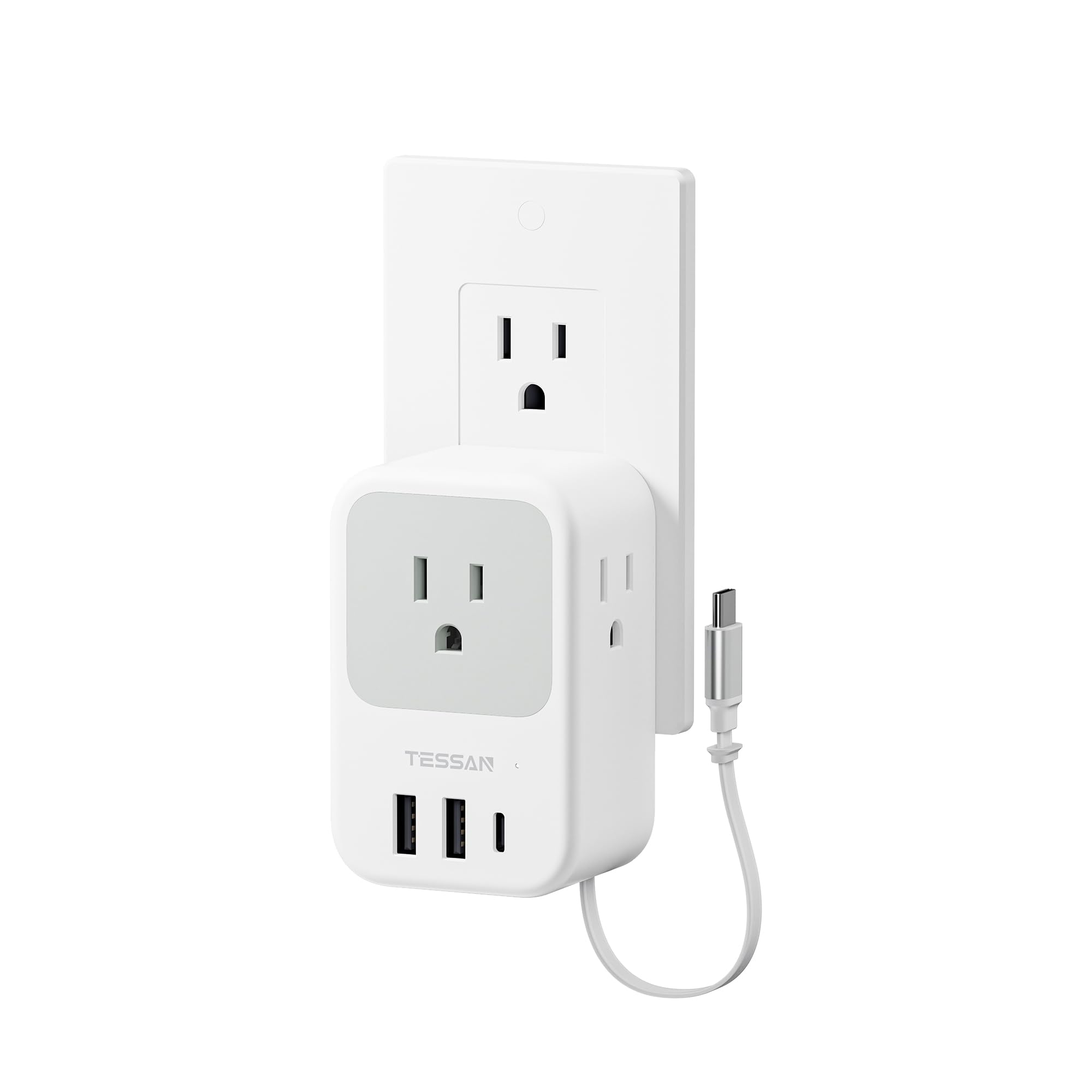 TESSAN USB C Charger Block, Multi Plug Wall Outlet Extender with 3 USB, Retractable USB-C Cable, 3 Side Multi Port Adapter for Cruise, Bathroom, Office, Dorm Essentials