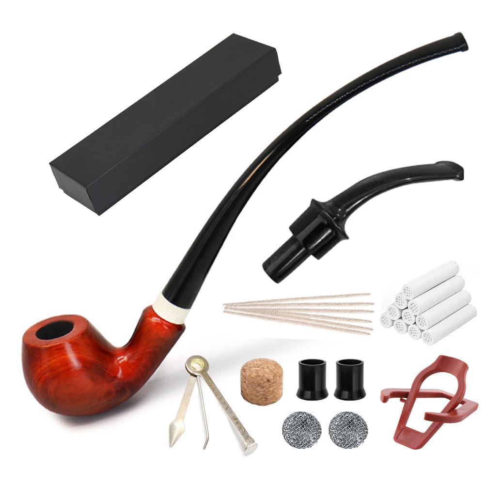 Photo 1 of 10'' Churchwarden Tobacco Pipe Set With 5'' Short Stem Cleaner Tamper Tool, Handcrafted Wood Detachable Pipe