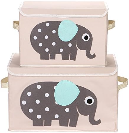VuHom Toy Chest Storage Bins Foldable Cube Box, Fabric Toy Storage Cubes For Kids Toy Laundry Set (1 SMALL+1 LARGE) (Grey Elephant)