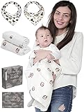 2 Muslin Swaddle Blankets + 2 Baby Bibs by HealthySam - Super Soft Breathable Cotton Baby Blankets for Nursery - Multi Use - Burp Cloth - One Size - Great For Baby Boy or Girl