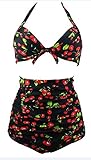 Happy Sailed Women Retro Floral Print Halter Neck Pleated High Waist Bikini