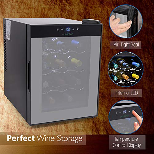 NutriChef 12 Bottle Thermoelectric Red And White Wine Cooler/Chiller, Counter Top Wine Cellar with Digital Control, Freestanding Refrigerator, Smoked Glass Door, Quiet Operation Fridge