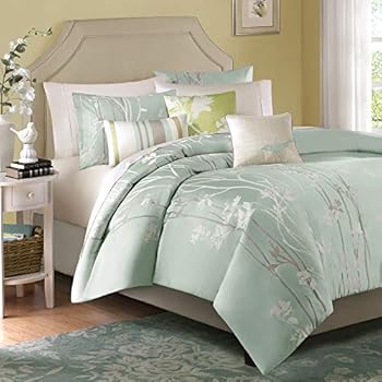 Madison Park Athena Queen Size Bed Comforter Set Bed in A Bag - Seafoam Green, Floral Jacquard - 7 Pieces Bedding Sets - Ultra Soft Microfiber Bedroom Comforters