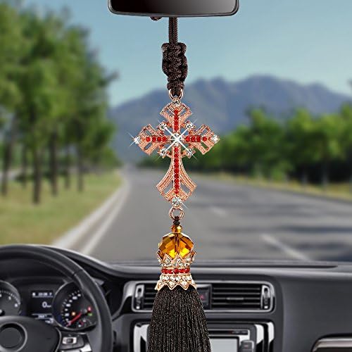 Follicomfy Car Pendant Crystal Diamond Jesus Cross Automobile Rearview Mirror Christian Decor Hanging Accessories,Gold