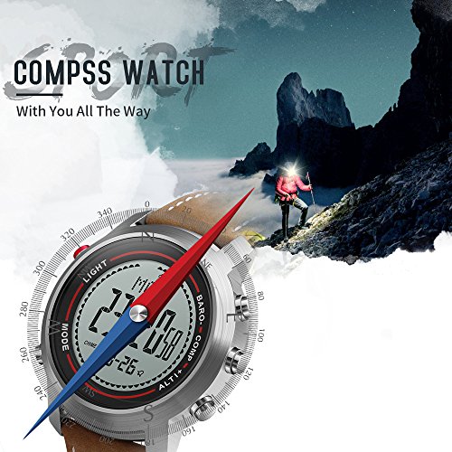 Men Digital Sports Watches with Compass Pedometer Altimeter Barometer Military Waterproof Wristwatch with Leather Band - Silver/Brown