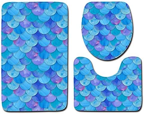 Toilet mats Set Fiaya 3Pcs /4PCS Fish Scale 3D Multicolor Polyester Bathroom Set Rug Contour Mat+Toilet Lid Cover +Plan Solid Color Bath Mats +Shower Curtain (3PCS, Colorful D01)