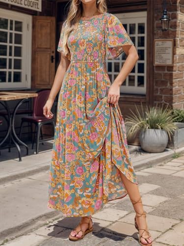 Am Direct Women's Boho Floral Maxi Dress Vacaton Style Flutter Sleeve High Waist Flowy Layel Hem A-Line Pastoralism Dress
