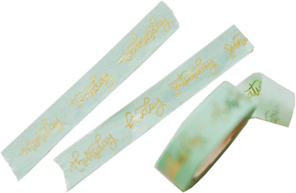 Freckled Fawn Repositionable Washi Tape 15mmx10m-Gold Foil Days of The Week On Mint Tape