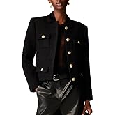 Womens Cropped Tweed Jackets Collarless Button Down Business Blazer Casual Outfits with Pockets