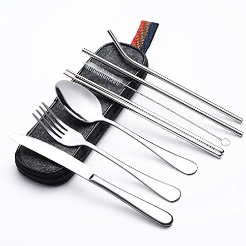 Reusable Utensils with Case DMight 7 Pieces Portable Silverware Set with Anti-Rust Stainless Steel Knife Fork Spoon Chopsticks Straws, Travel Cutlery Set, Dishwasher Safe
