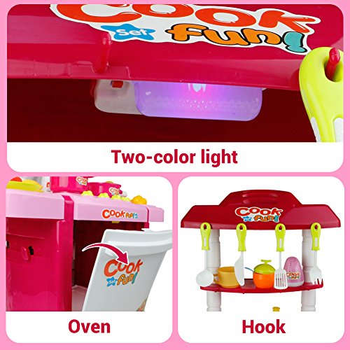 Kitchen Playset Toys Appliances Pretend Role Play Chef Food Toy with Sink Faucet Table Utensils Knife 27 Accessories for Kids Boys Girls,Large Tall,Pink