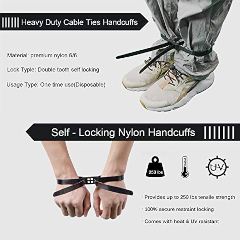 Flex Cuffs, Heavy Duty Zip Tie Handcuffs Restraint Disposable Police