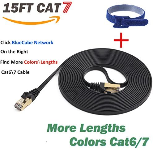 BlueCube Network - Flat CAT7 Ethernet Cable,600MHz Shielded SSTP Bare Copper Flat Ethernet Patch Cable, Internet Cable, Network Cable with Snagless RJ45 Connectors - 15 Feet Black+
