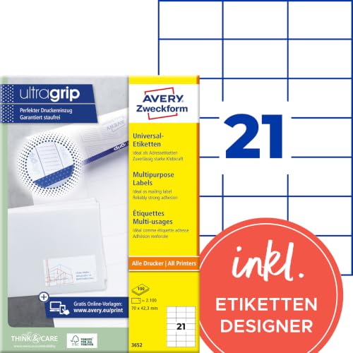AVERY Zweckform 3652 Adressaufkleber (2.100 Klebeetiketten, 70x42,3mm auf A4, Papier matt, bedruckbare Absenderetiketten, selbstklebende Adressetiketten mit ultragrip) 100 Blatt, weiss