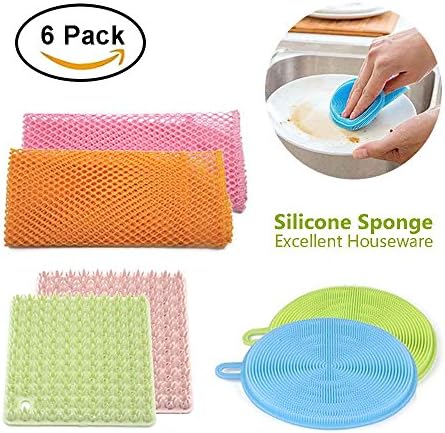 Silicone Sponge, FUNFLY 6 PCS Antibacterial Dish Scrubber Cloths Set for Sink Pan Bowl Vegetable Fruit Cleaning (6)