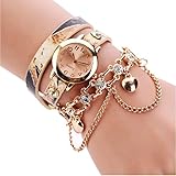 FUNIC Women Watch, Leather Rhinestone Rivet Chain Quartz Bracelet Wrist Watch (Beige)