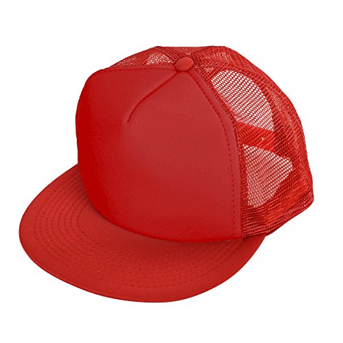 DALIX Flat Billed Trucker Cap With Mesh Back in Red