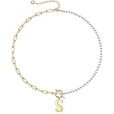 Memorjew Pearl Initial Necklaces for Women Trendy, 14k Gold Plated Dainty Pearl Initial Necklace Paperclip Chain Toggle Clasp Initial Pendant Necklaces Gold Jewelry Gifts for Women