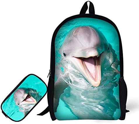 School Backpack, 3D Print Dolphin Pattern 17 Inch Bookbag with Pencil Bag