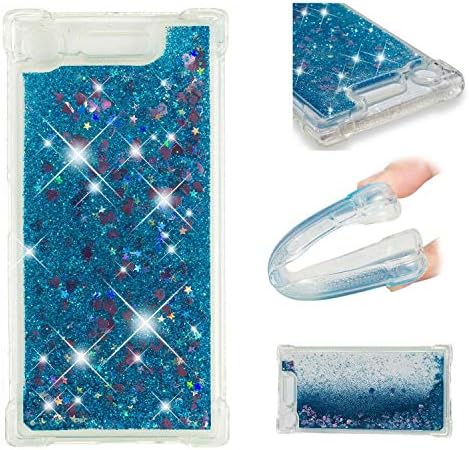 SHYHONG compatible Sony Xperia XZ1 Case+5D Tempered glass Creative dynamic quicksand Transparent TPU Silicone Phone Case Four Corner Cushion Protective Case Anti-Shock Bumper Cover(blue)