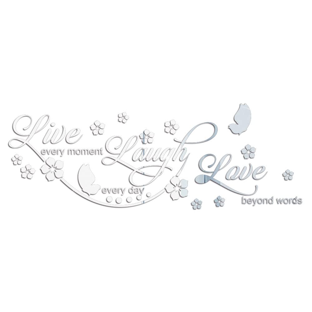 3D Acrylic Mirror Wall Stickers with 3D Butterfly Decor, DIY Live Love Laugh Flower Home Quotes Wall Decal for Decor Home Wedding Living Room Bedroom