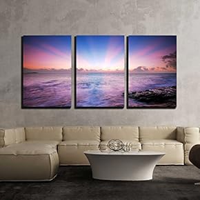 3 Piece Canvas Wall Art - Sea Sunset Sunrise Background Nature Beam Sun Sky Cloud - Modern Home Art Stretched and Framed Ready to Hang - 16"x24"x3 Panels