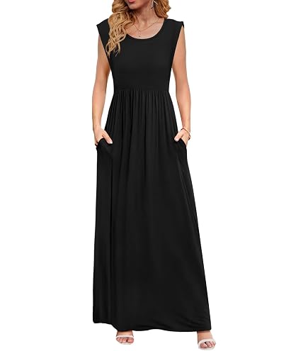 VIISHOW Women's Short Sleeve Loose Plain Maxi Dresses Casual Long Dresses with Pockets(Black, X-Small) at Amazon Women's Clothing store