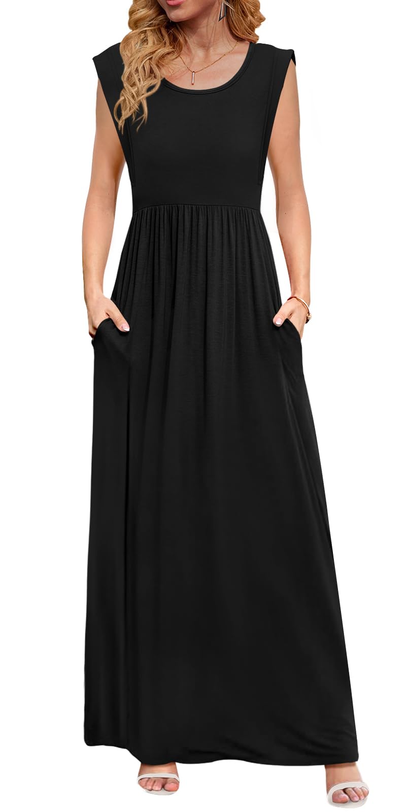 Photo 1 of DB MOON Womens 2025 Maxi Dresses Empire Waist Casual Summer Long Sun Dress Cap Short Sleeve Sundress with Pockets XL, Black 01