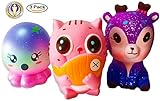 Squishies Slow Rising Toy 3 Pack - Kawaii Squishy Package of Cute Deer Cat Octopus | Soft and Cream Scented Stress Reliever for Kids