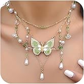 Trendy Big Butterfly Choker Necklace for Women, Cute Layered Fairy Pearl Tassel Butterfly Pendant Necklace Statement Costume Accessories Jewelry Gifts
