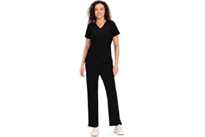 COZYFIT Scrubs for Women - V Neck Top and Bootcut Cargo Straight Pants with 12 Pockets