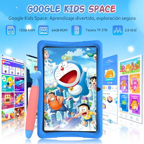 TABWEE K10 Kids Tablet 10 Inch, Android 15 Kids Tablet, 12 GB RAM (4+8) 64 GB ROM (TF 2 TB), Wi-Fi, Parental Control, Children's Educational Tablet with Blue Case