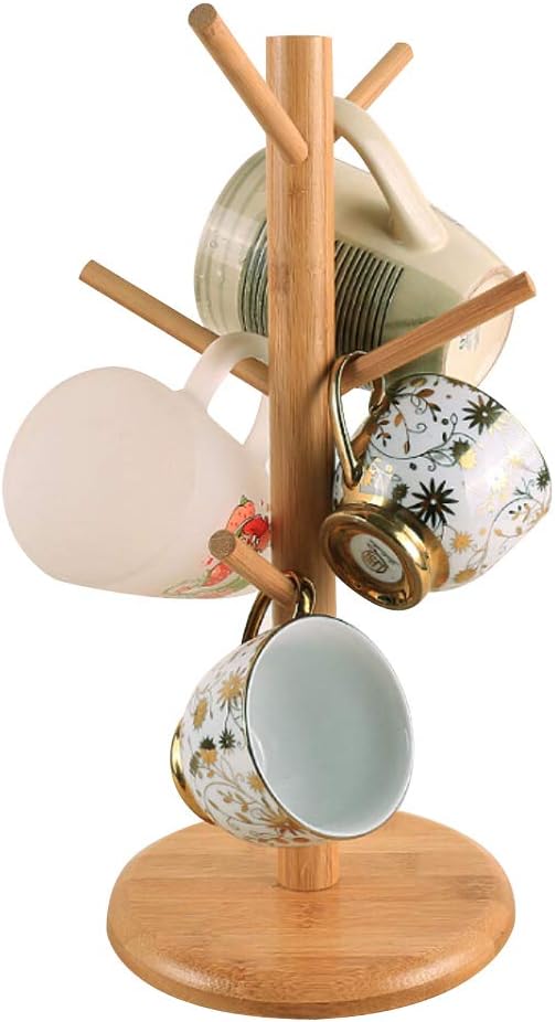 SYIDINZN Mug Rack Stand Holder Tree Organizer | Bamboo Mug Tree with 6 Storage Hooks | Cups Holder Storage Coffee Tea Cup | Hold and Dry Large Coffee Mugs or Cups