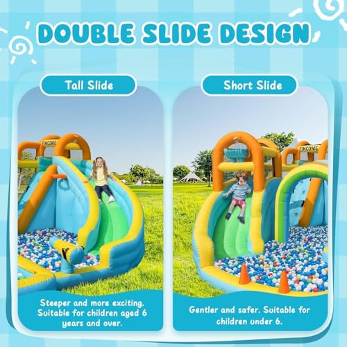 FINCOME Inflatable Water Slide, Bounce House with 2 Slide for Kids, Inflatable Waterslide Park with Splash Pool, Basketball Hoop, Ball Shooting & Water Cannon for Backyard, Outdoor, Indoor