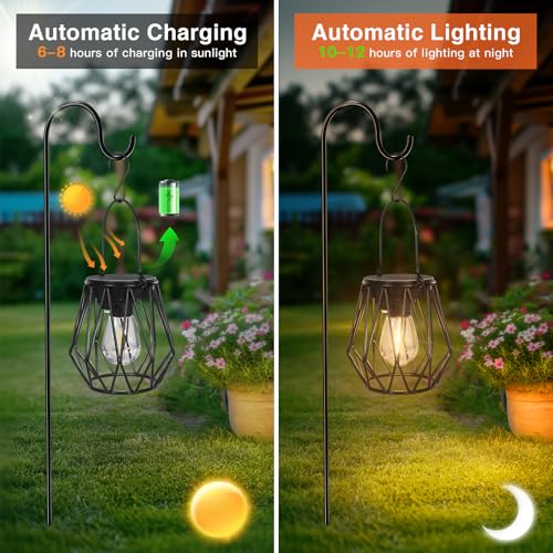 Ketom Pack of 2 Solar Lights for Outdoor Hanging Solar Lantern for Outdoor Standing Metal IP65 Waterproof Solar Pendant Lamp Outdoor Vintage with LED Bulb and Hook, Diamond, Black, for Outdoor Lawn