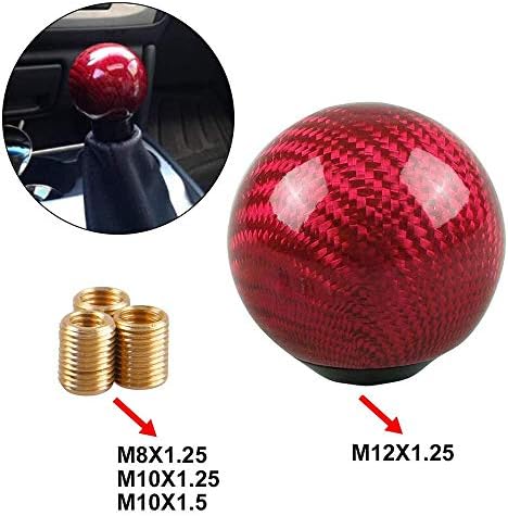 Sakali Durable Vehicle Carbon Fiber Ball Shift Shifter Knob with 3 Adaptors 8mm 10mm 12mm Inner Diameter Car Manual or Automatic Universal Gear Knob Red